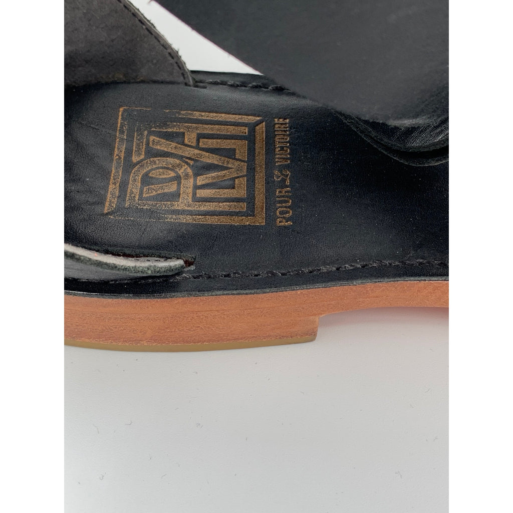 POUR & VICTOIRE Women's Black Leather Round Open-Toe Strappy Sandals SZ 7