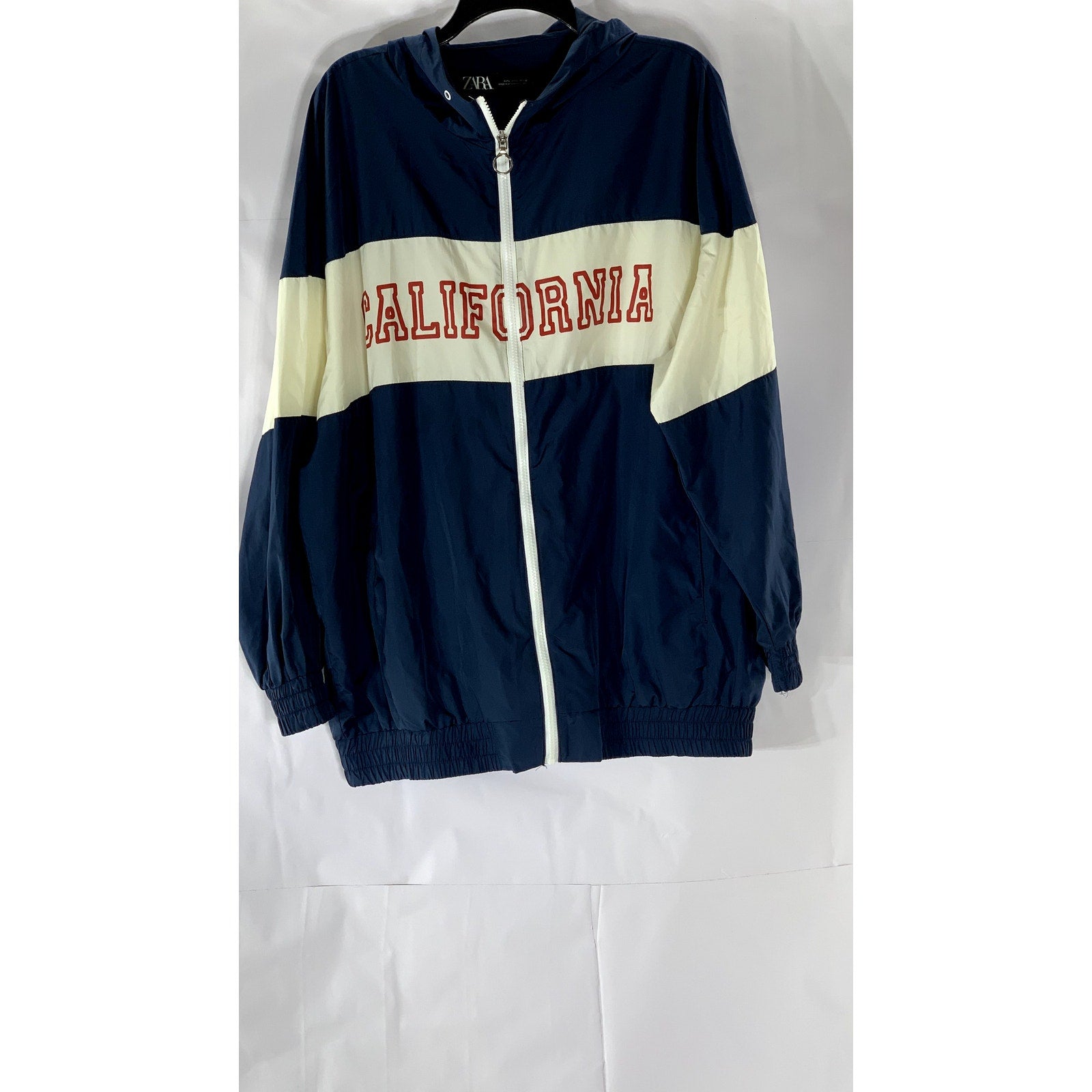 ZARA Men's White/Navy California Logo Hooded Zip-Up Windbreaker Jacket SZ L