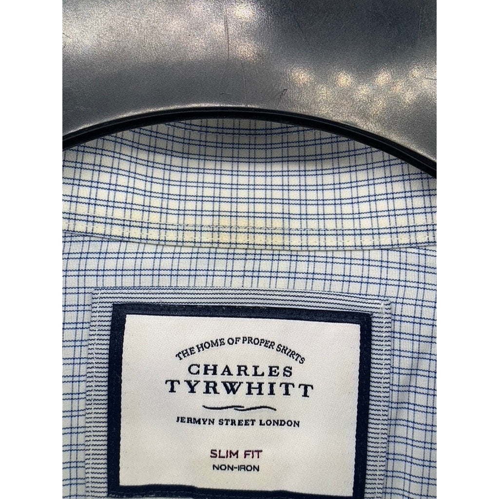 CHARLES TYRWHITT Men's Blue Gingham Slim-Fit Button-Up Shirt SZ 16.5