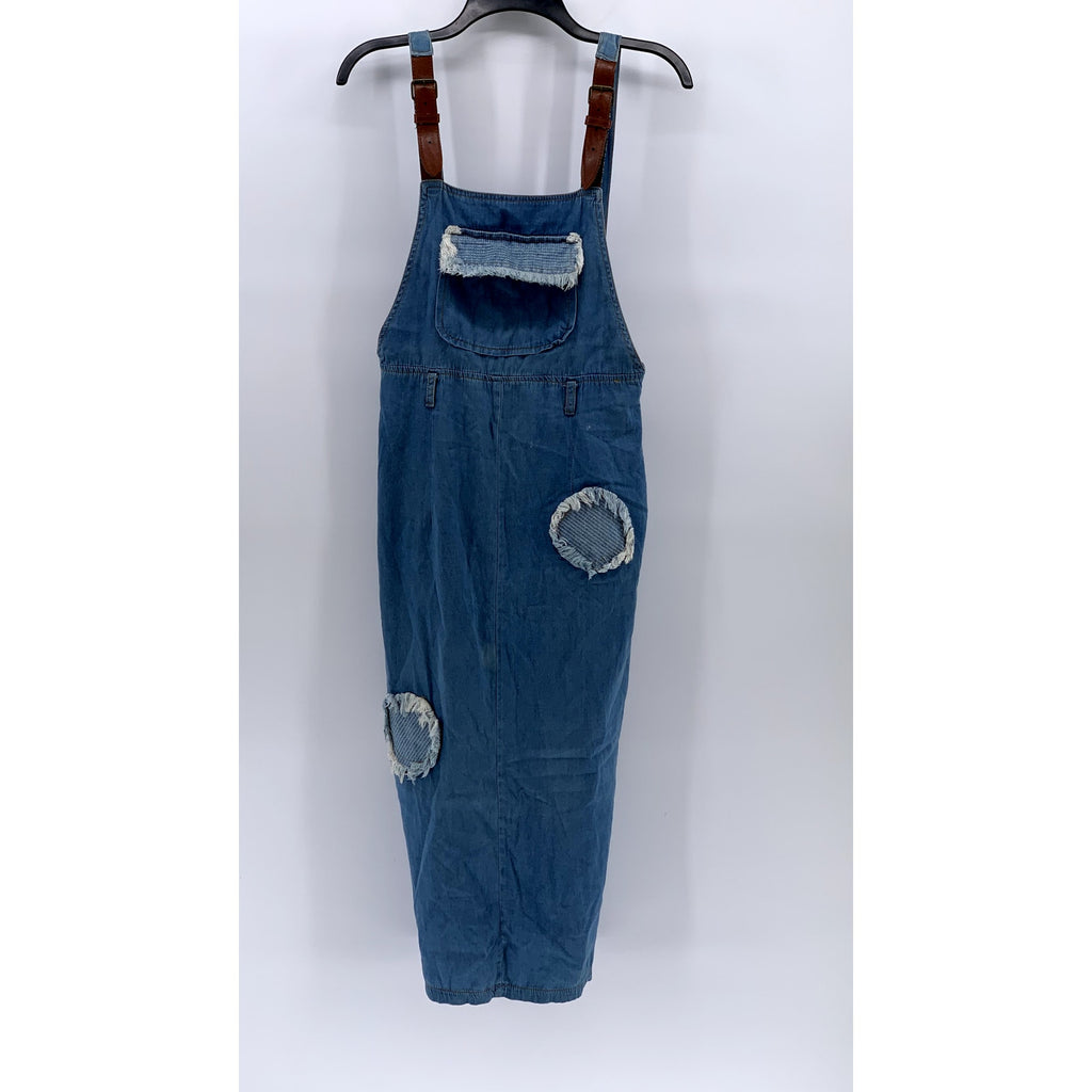 UNBRANDED Women's Blue Denim Distressed Pockets A-Line Midi Dress SZ S
