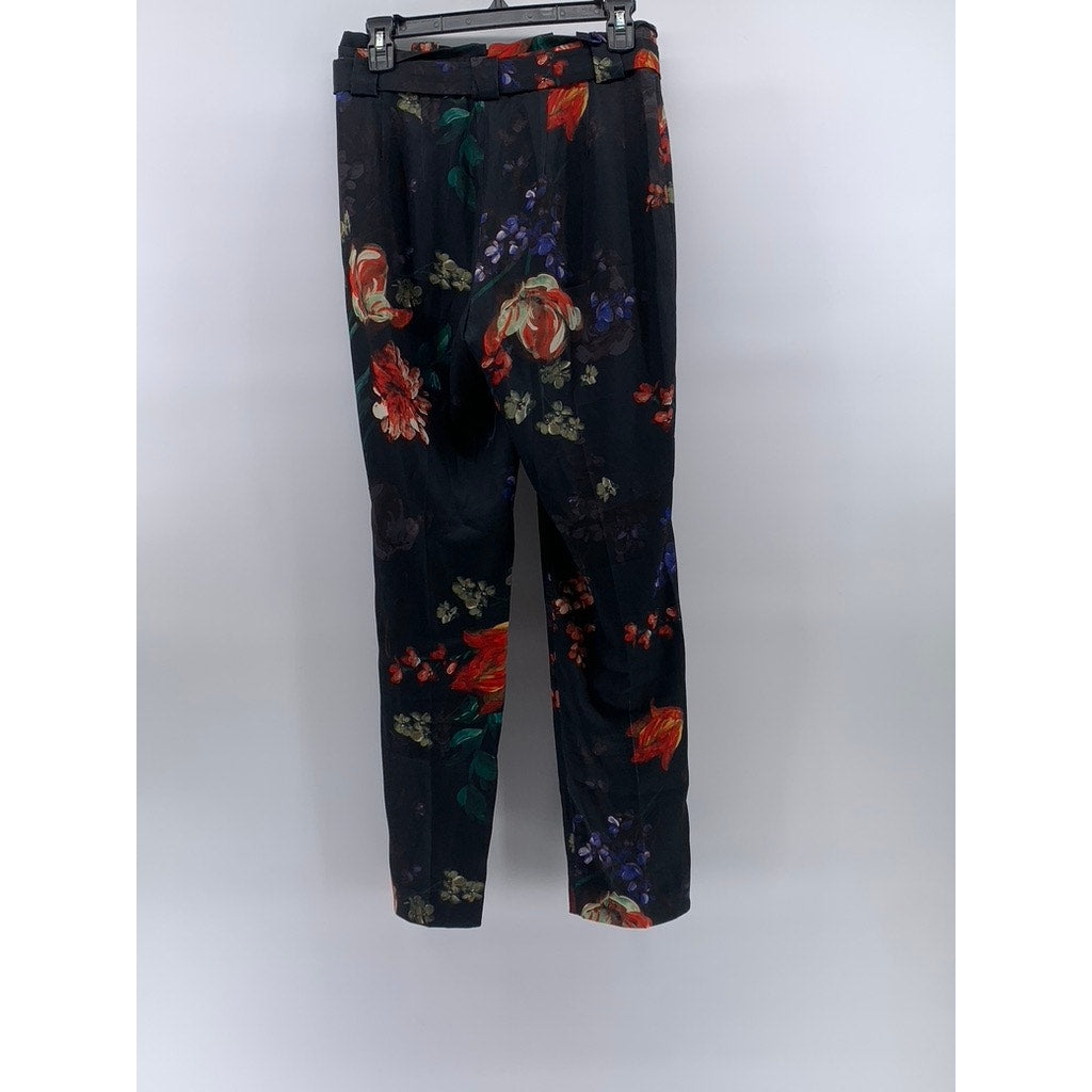 EXPRESS Women's Black Floral Print Belted Tapered Paperbag Pants SZ 4