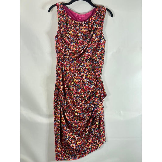 BETSEY JOHNSON Women's Multi Heart Print Scoop-Neck Sleeveless Ruched Dress SZ10