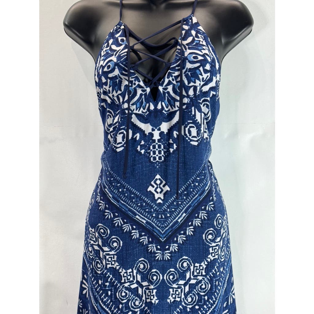 LAUNDRY BY DESIGN Women's Blue Printed Lace-Up V-Neck Pullover Maxi Dress SZ 4