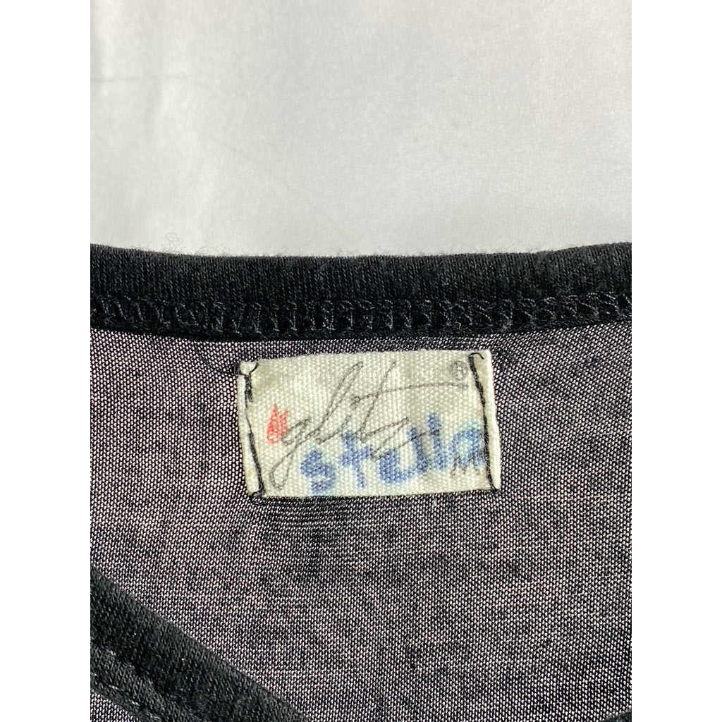 GLITZ STELLA Women's Black Crewneck Patch Triangle Cutout Short Sleeve Top SZ M