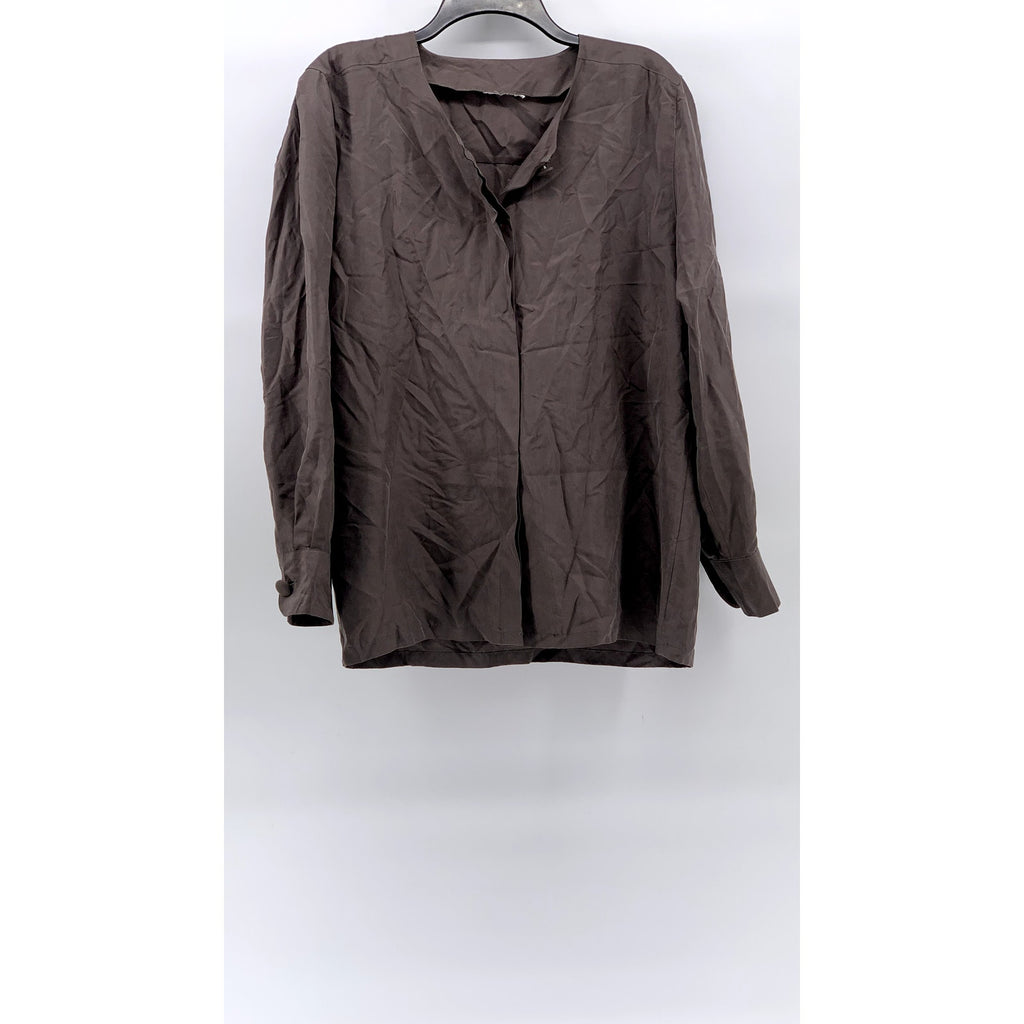 UNBRANDED Women's Brown Button-Up Collarless Long Sleeve Blouse SZ L