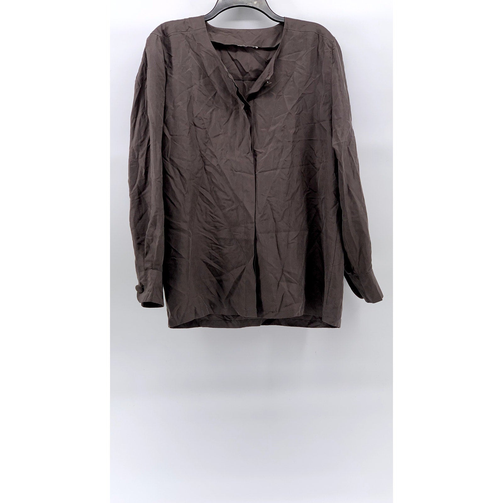 UNBRANDED Women's Brown Button-Up Collarless Long Sleeve Blouse SZ L