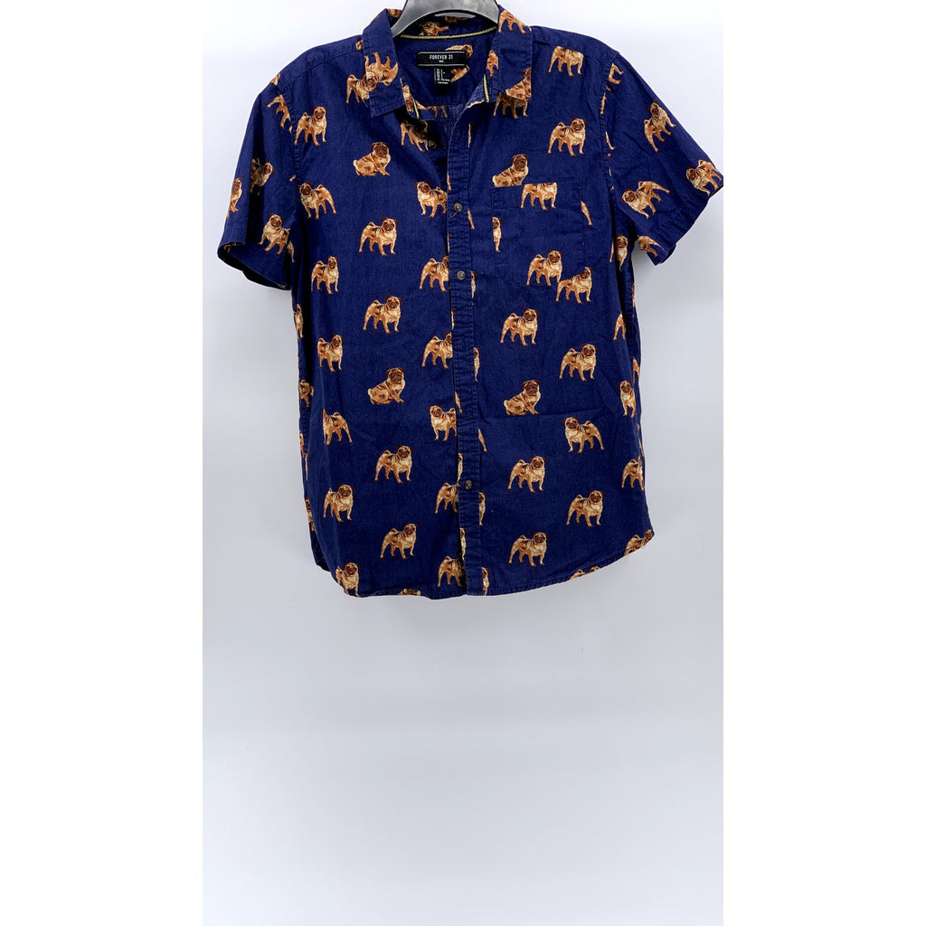FOREVER 21 Men's Dark Blue-Brown Pug Graphic Button-Up Short Sleeve Shirt SZ L