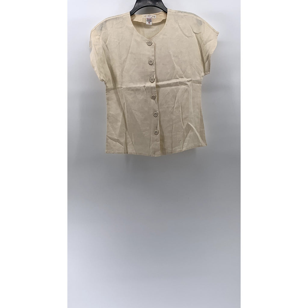 UNBRANDED Women's Beige Linen Short Sleeve Button-Up Top SZ 4