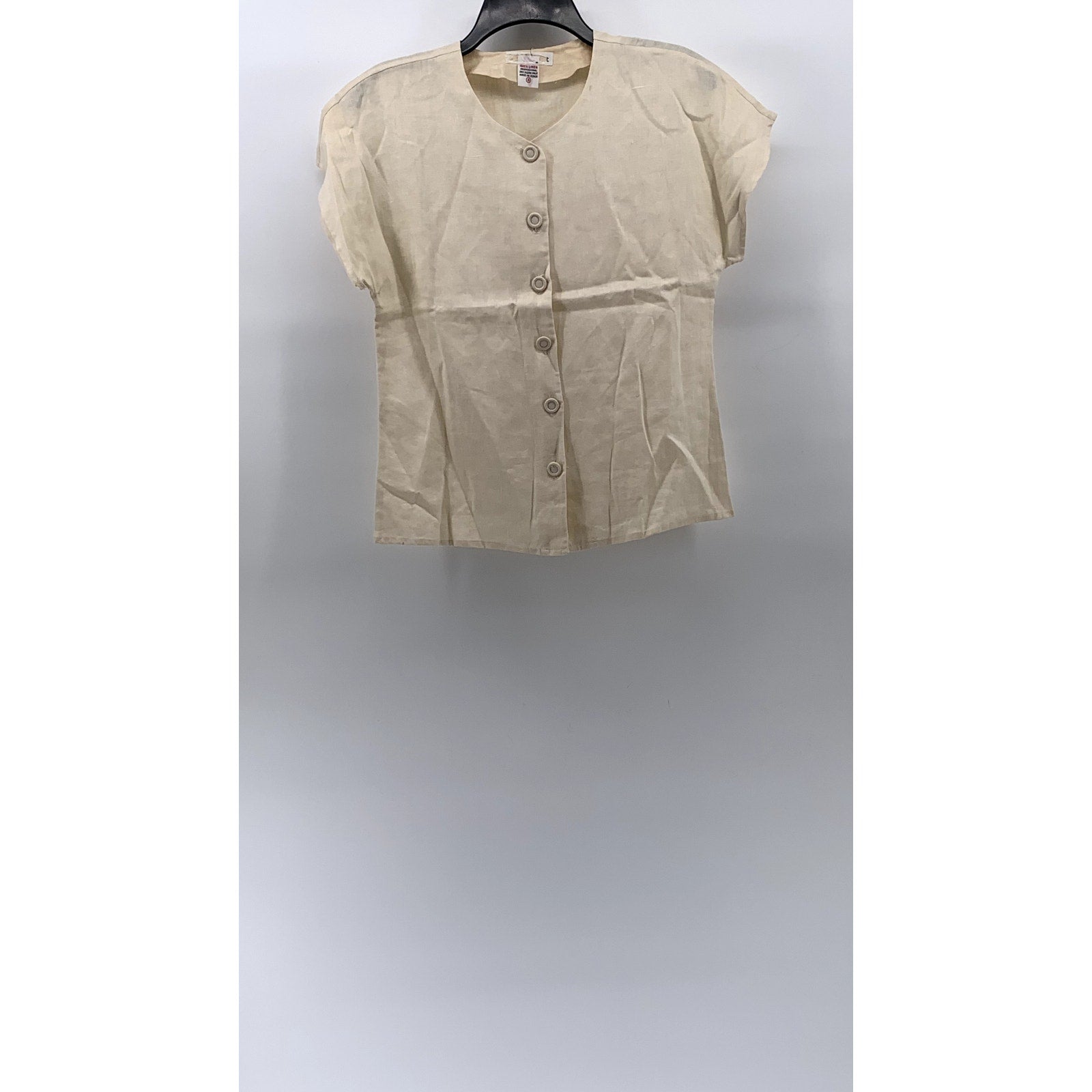 UNBRANDED Women's Beige Linen Short Sleeve Button-Up Top SZ 4