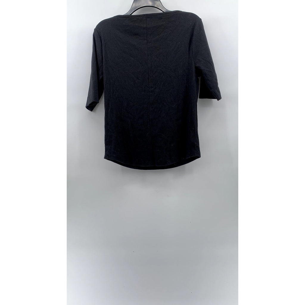 J.CREW Women's Vintage Black Ribbed Elbow Sleeve Henley Top SZ L