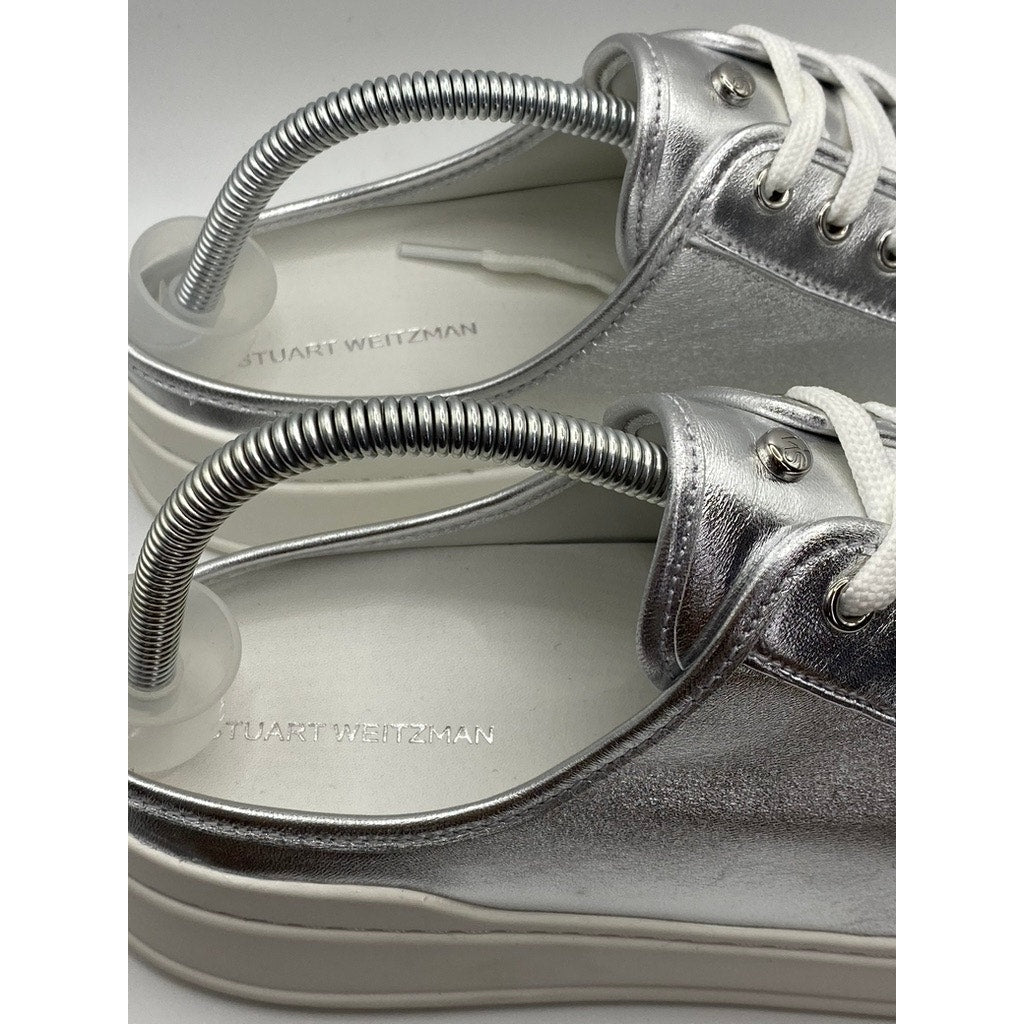 STUART WEITZMAN Women's Silver Skater Slip-On Flatform Mule Sneakers SZ 9.5