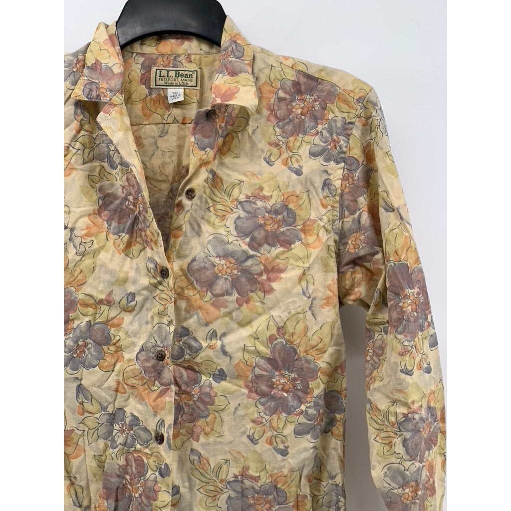 L.L. BEAN Women's Brown Vintage Floral Button-Up Regular-Fit Long Sleeve Top SZ8