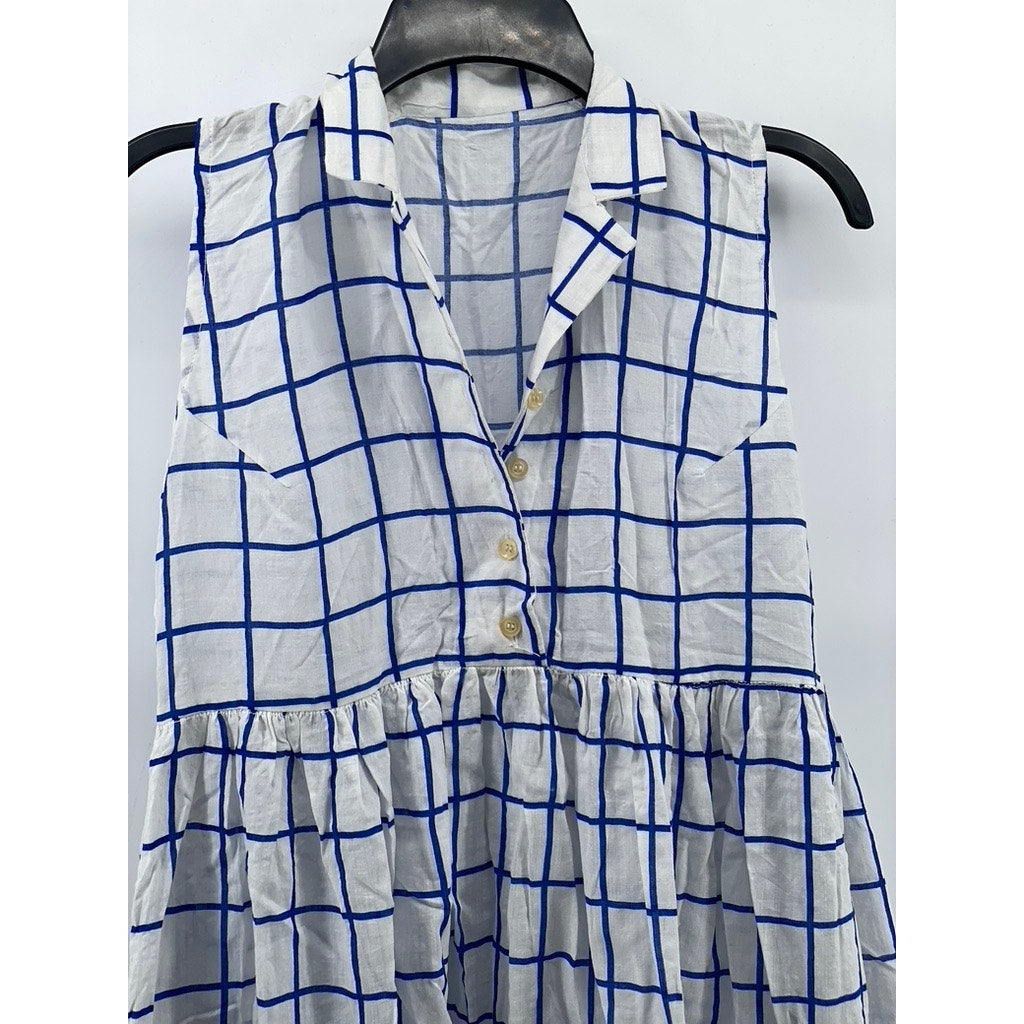 UNBRANDED Women's Blue-White Windowpane Half-Button Sleeveless Mini Dress SZ S