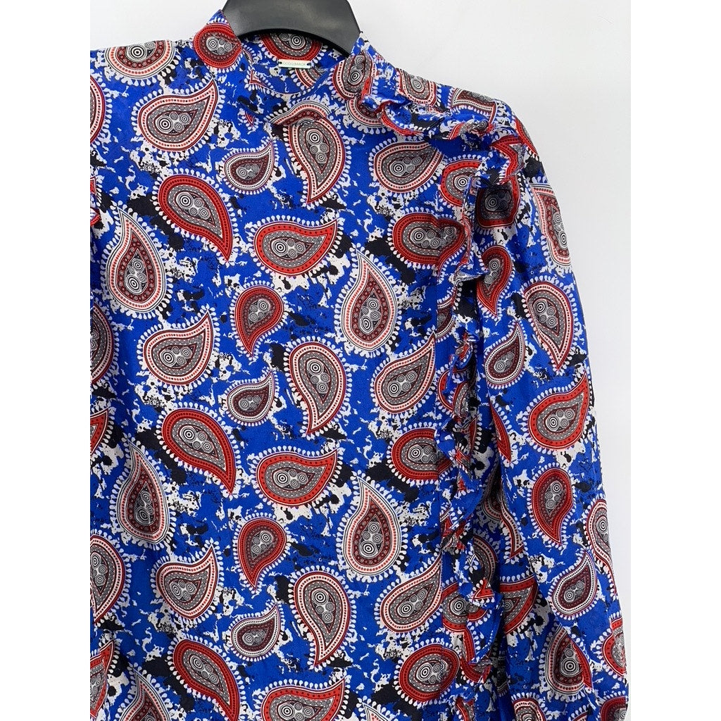 DODO BAR OR Women's Blue-Red Silk Paisley Mock-Neck Long Sleeve Top SZ 40(USS)