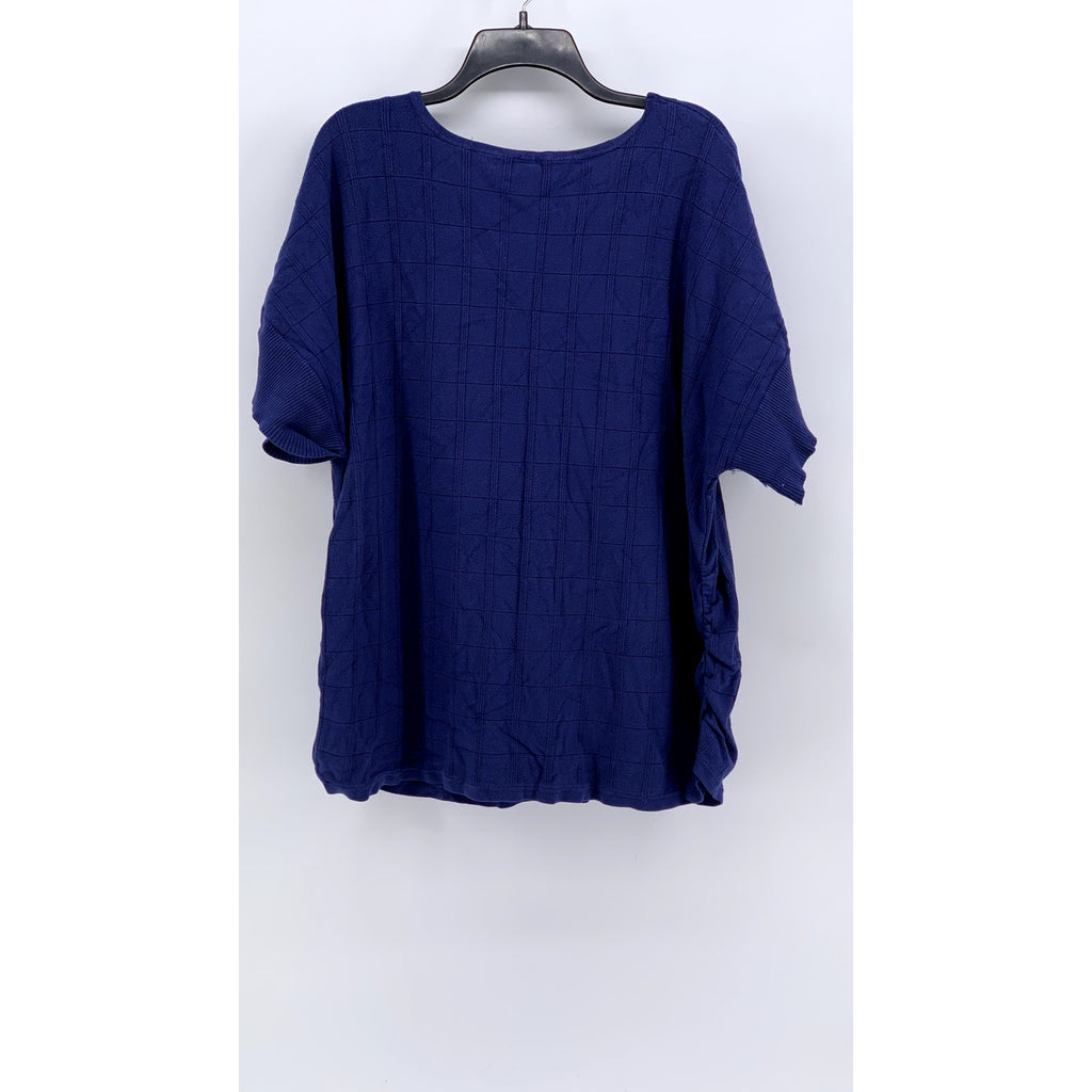 AVENUE Women's Plus Navy Side Ruched Windowpane Short Sleeve Top SZ 26/28