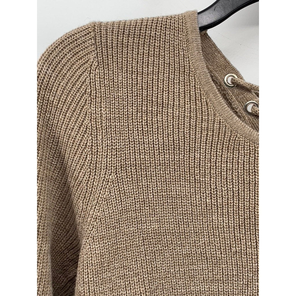 NEW YORK & COMPANY Women's Brown Knit Lace-Up 3/4 Sleeve Crewneck Sweater SZ S