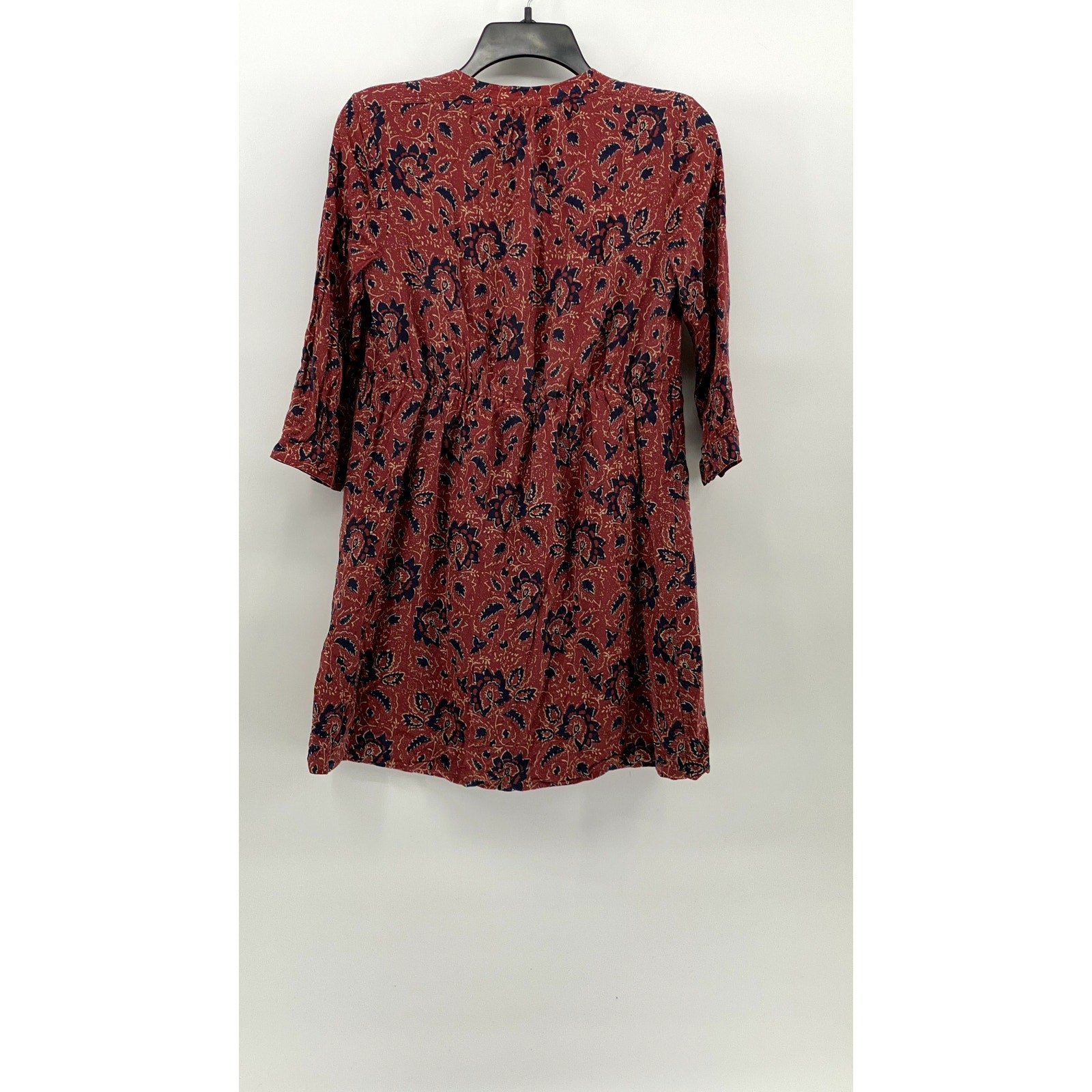 MADEWELL Women's Red Floral Silk Lace-Up V-Neck Long Sleeve A-Line Dress SZ S