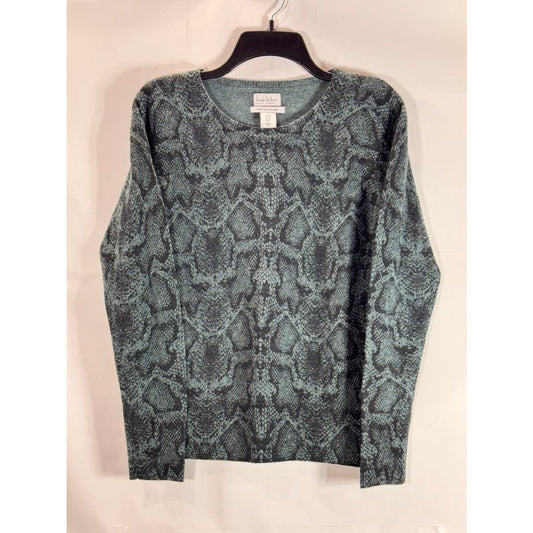 NICOLE MILLER Women's Green Snakeskin Print Crewneck Cashmere Sweater SZ M