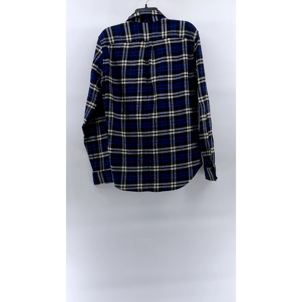 GAP Men's Blue-White Plaid Standard-Fit Button-Up Long Sleeve Flannel Shirt SZ M