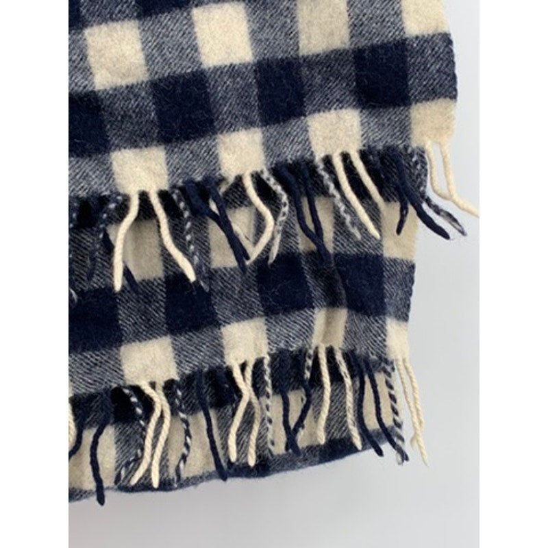 UNBRANDED Navy-Cream Checkered Soft Knit Fringe Scarf
