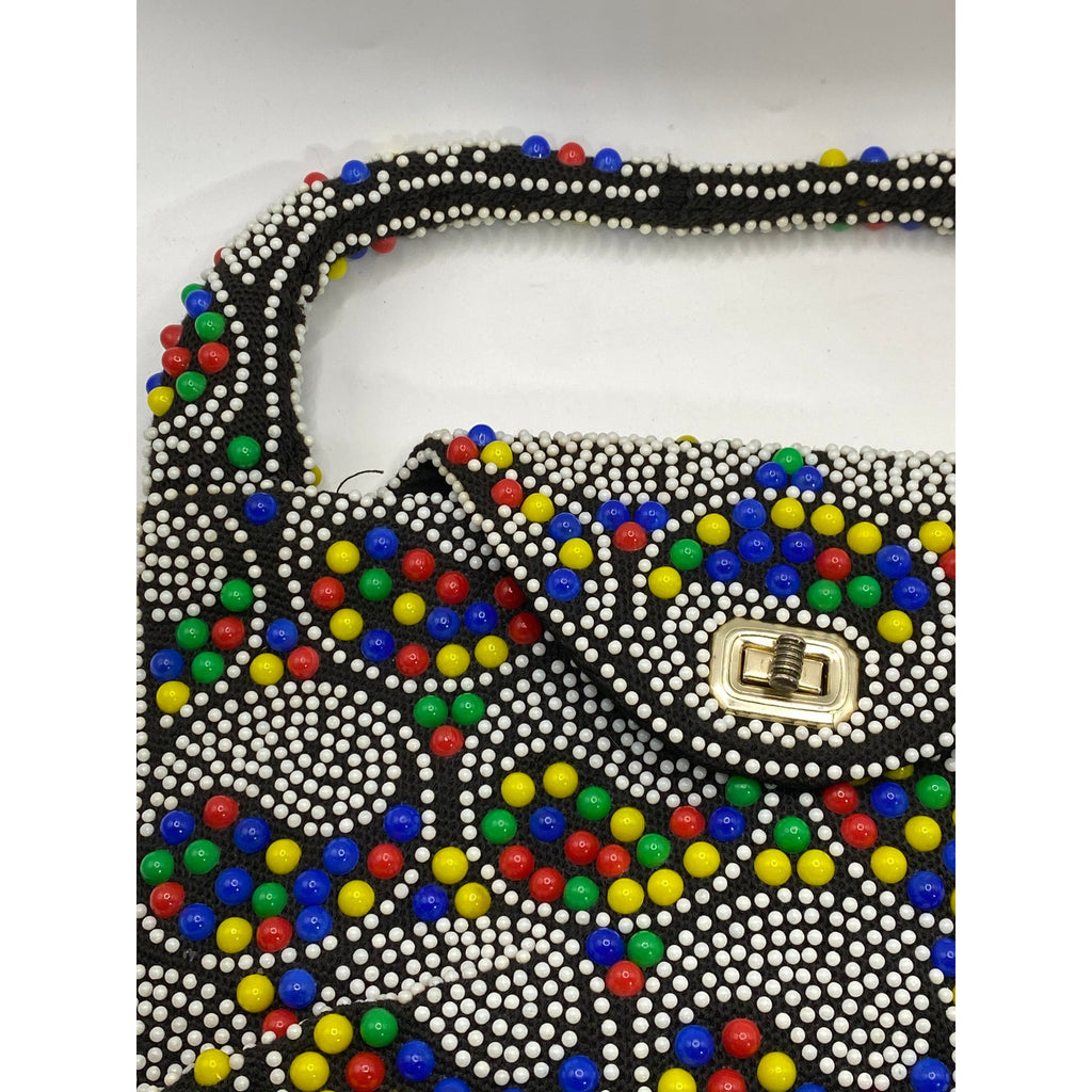 UNBRANDED Women's Vintage Black-Multi Beaded Rainbow Ying-Yang Handbag