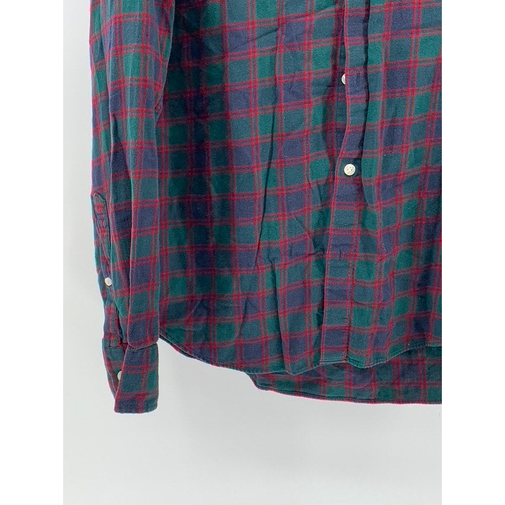 BONOBOS Men's Green-Blue-Red Button-Up Slim-Fit Flannel Long Sleeve Shirt SZ L