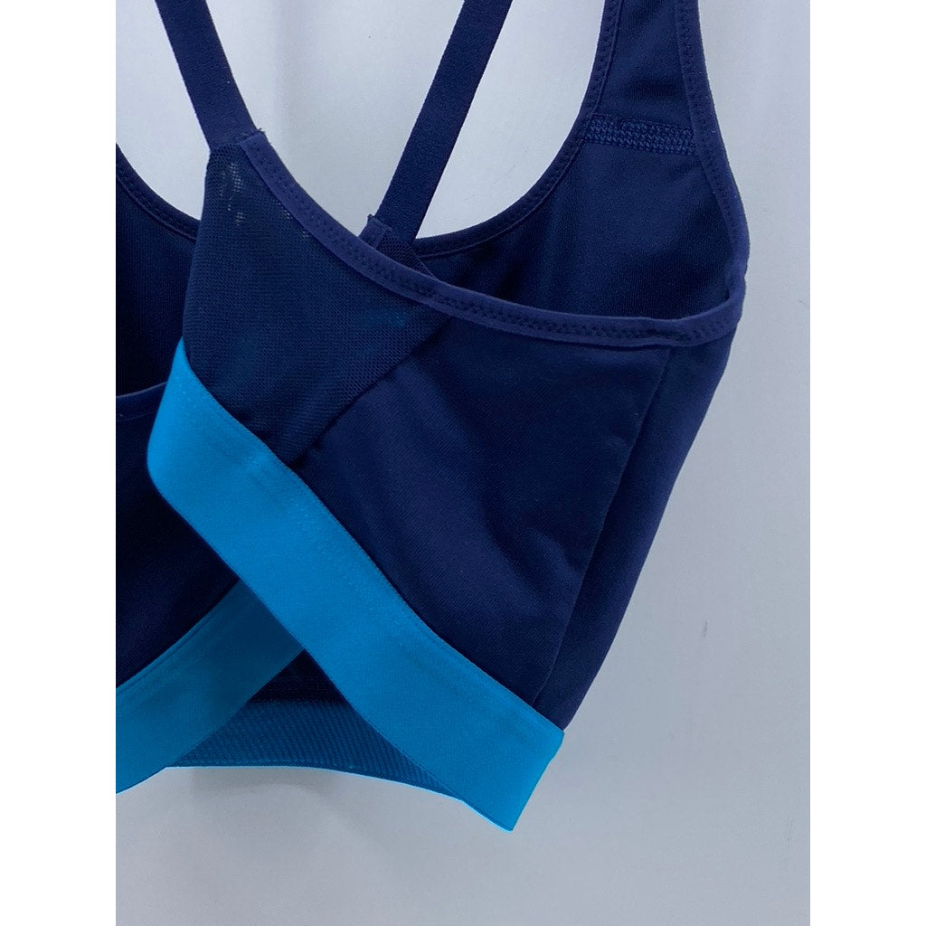NIKE Women's Navy-Light Blue Scoop-Neck Logo Dri-Fit Cross-Back Sport Bra SZ M