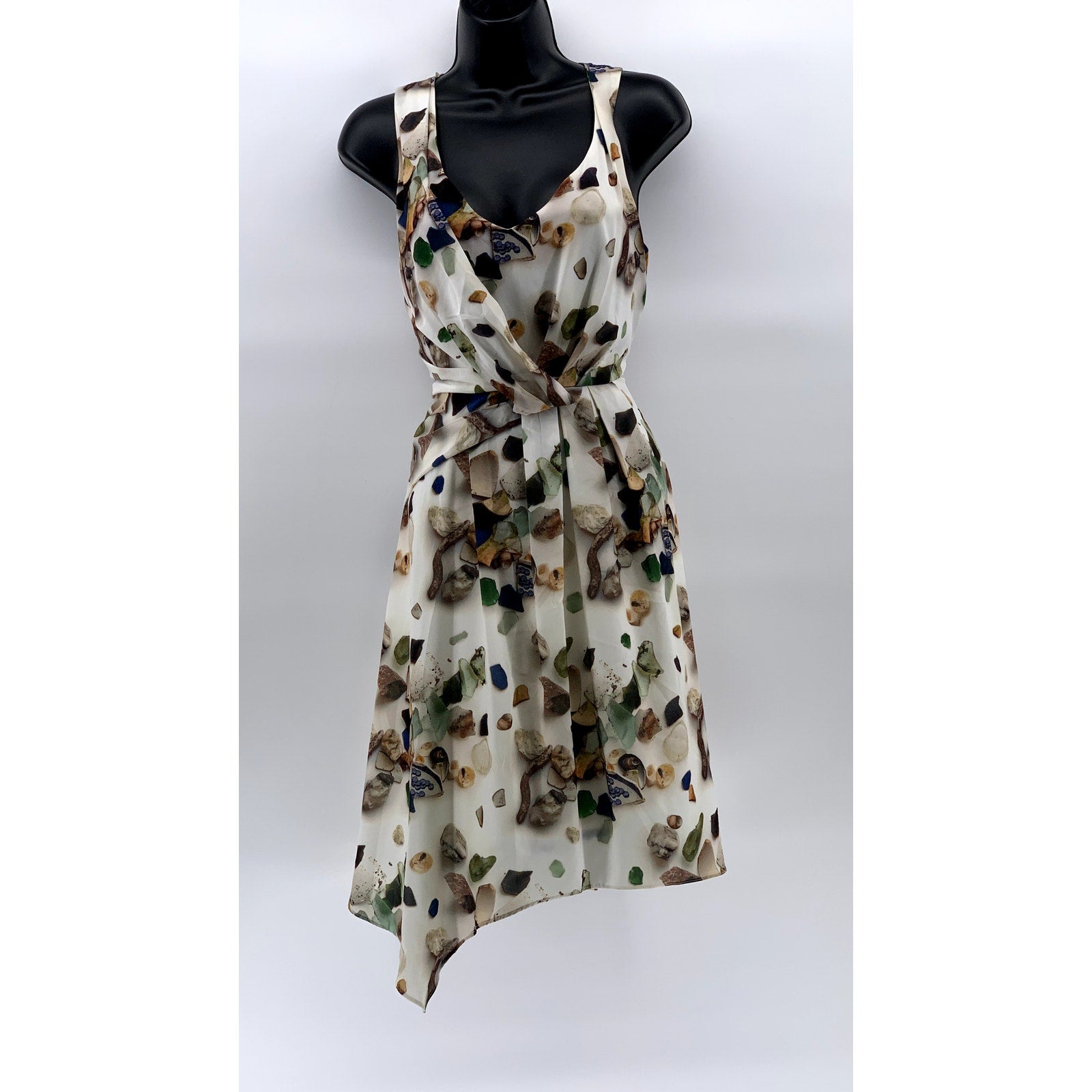 MEADOW RUE Women's Beige Printed Beach Treasures Asymmetrical Knee Dress SZ 2