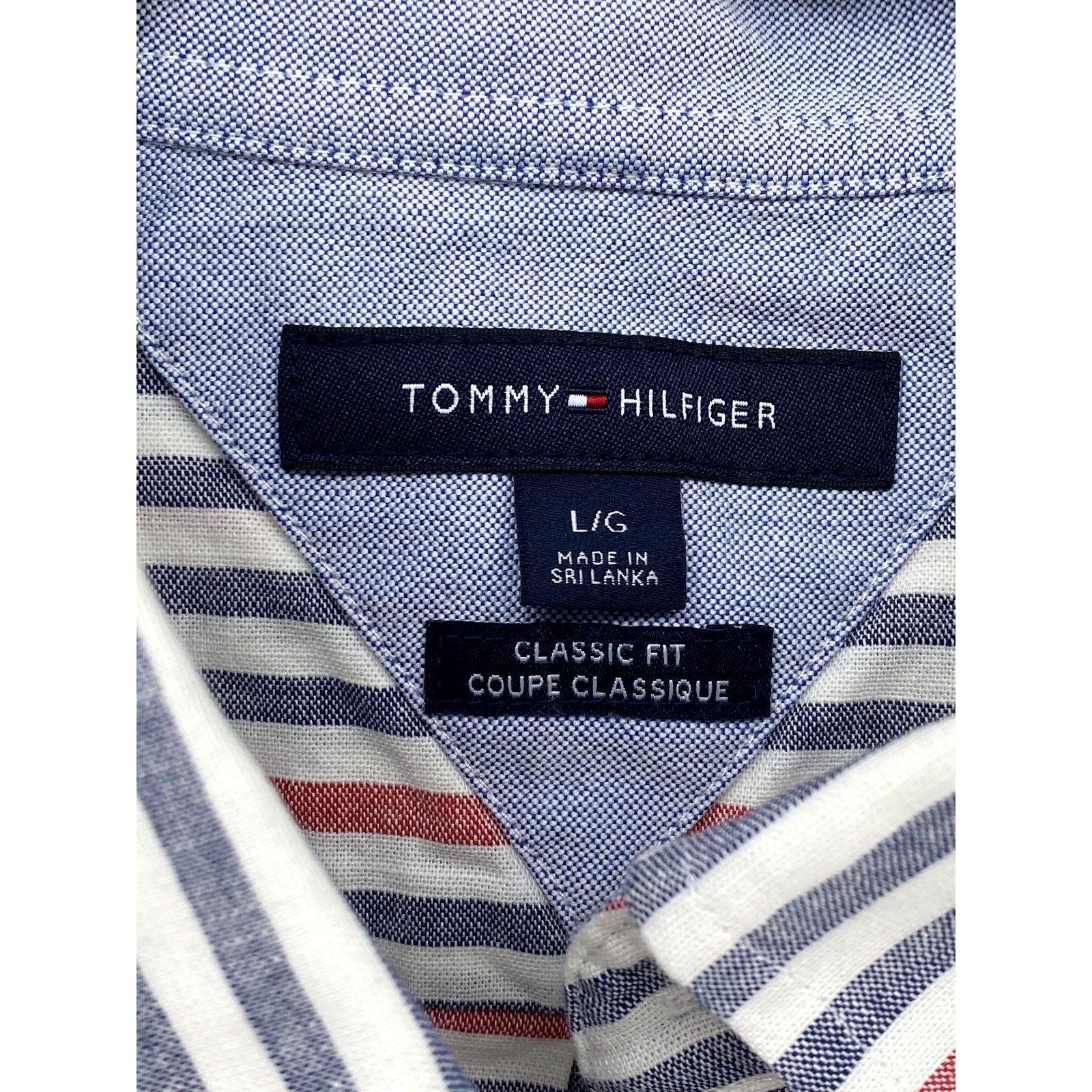 TOMMY HILFIGER Men's Blue-Red Striped Classic-Fit Button-Up Shirt SZ L