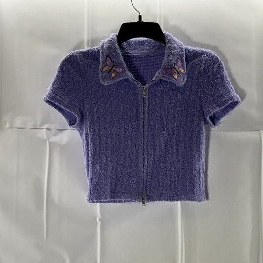 SHEIN Women's Purple Butterfly Collar Fuzzy Short Sleeve Zip-Up Crop Top SZ S