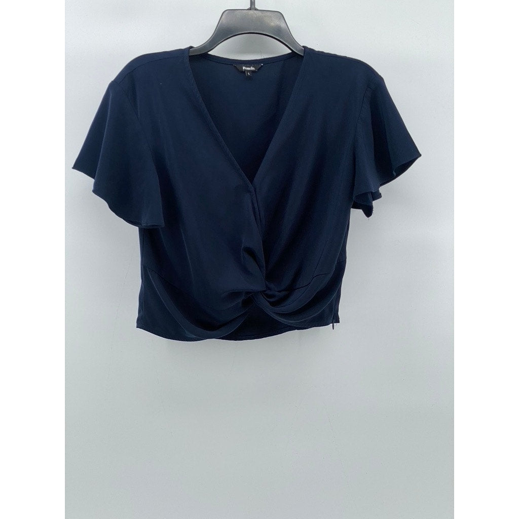 POMELO Women’s Navy Blue Front Knot Short Sleeve Crop Top SZ L