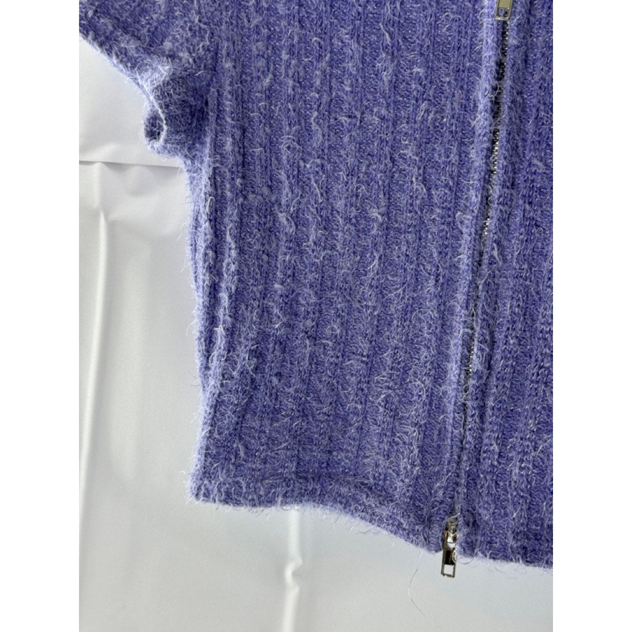 SHEIN Women's Purple Butterfly Collar Fuzzy Short Sleeve Zip-Up Crop Top SZ S