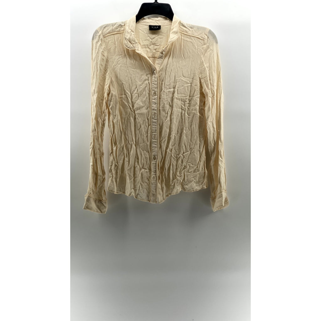 VILA Women's Beige Dot Textured Regular-Fit Button-Up Long Sleeve Top SZ S