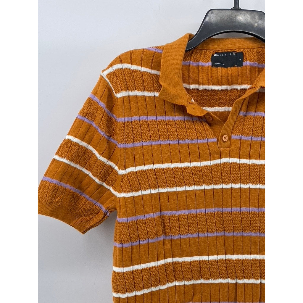 ASOS DESIGN Women's Orange Striped Rib Short Sleeve Polo Top SZ S