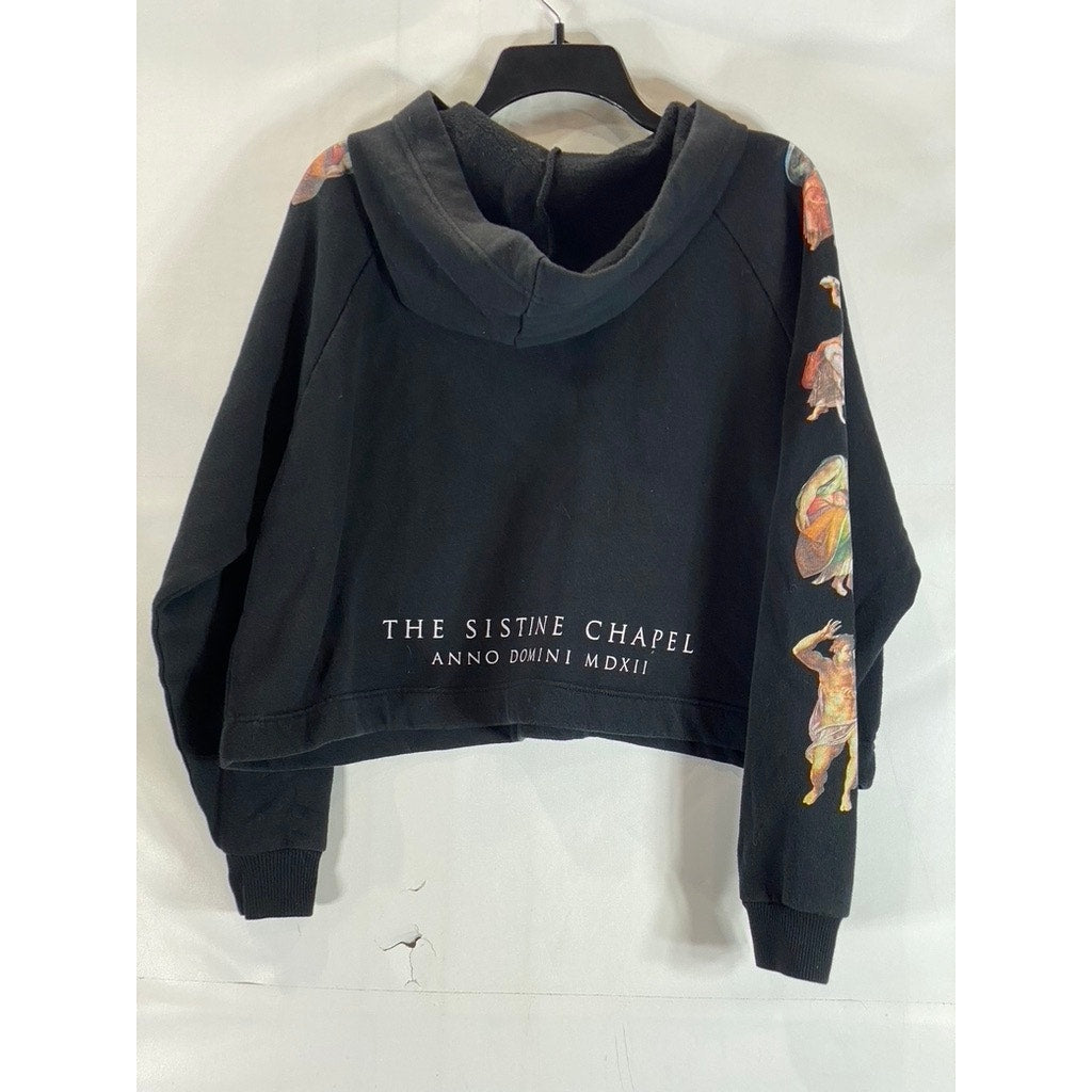 ZARA Women's Black Sistine Chapel Graphic Pullover Cropped Hoodie SZ M