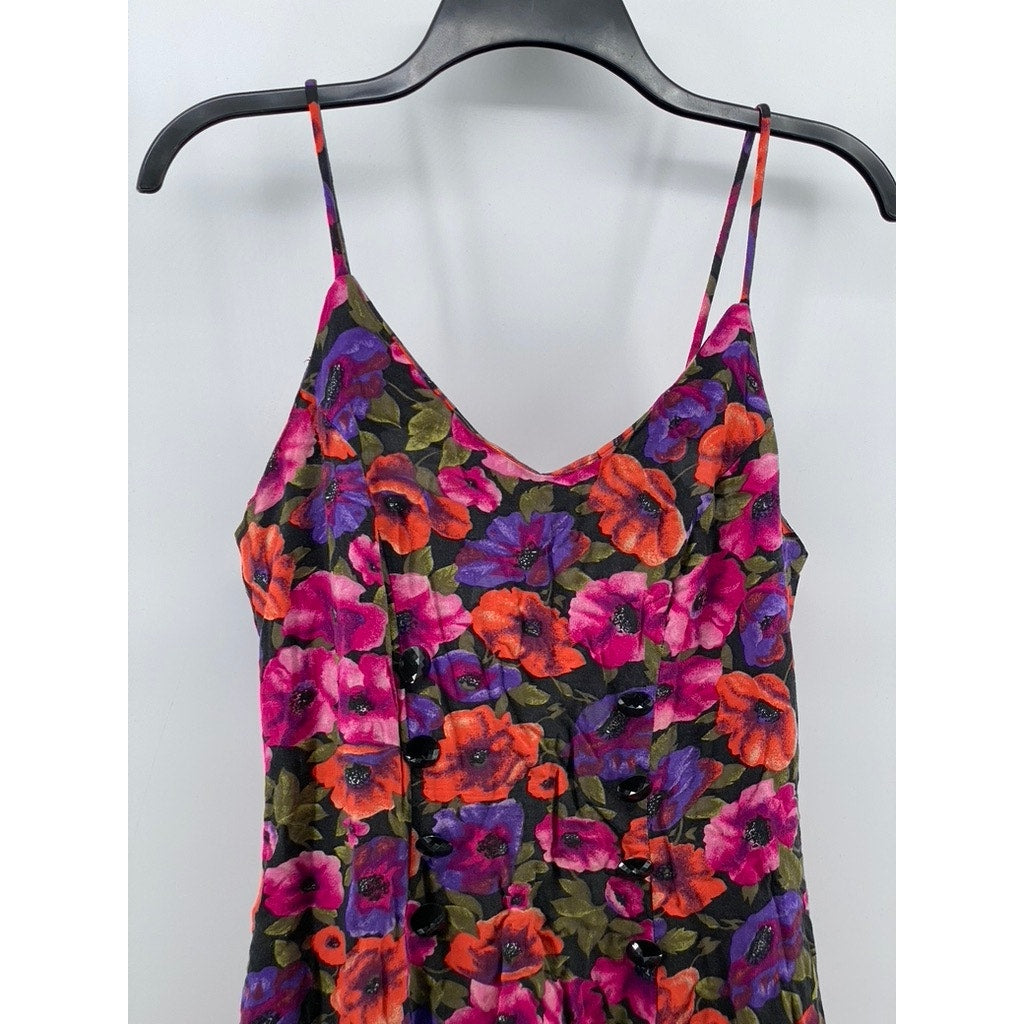 UNBRANDED Women's Orange-Purple Floral Button-Detail V-Neck Mini Dress SZ S