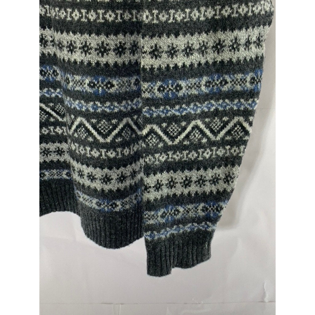 NAUTICA Men's Gray/Blue Fair Isle Printed V-Neck Wool Pullover Sweater SZ L