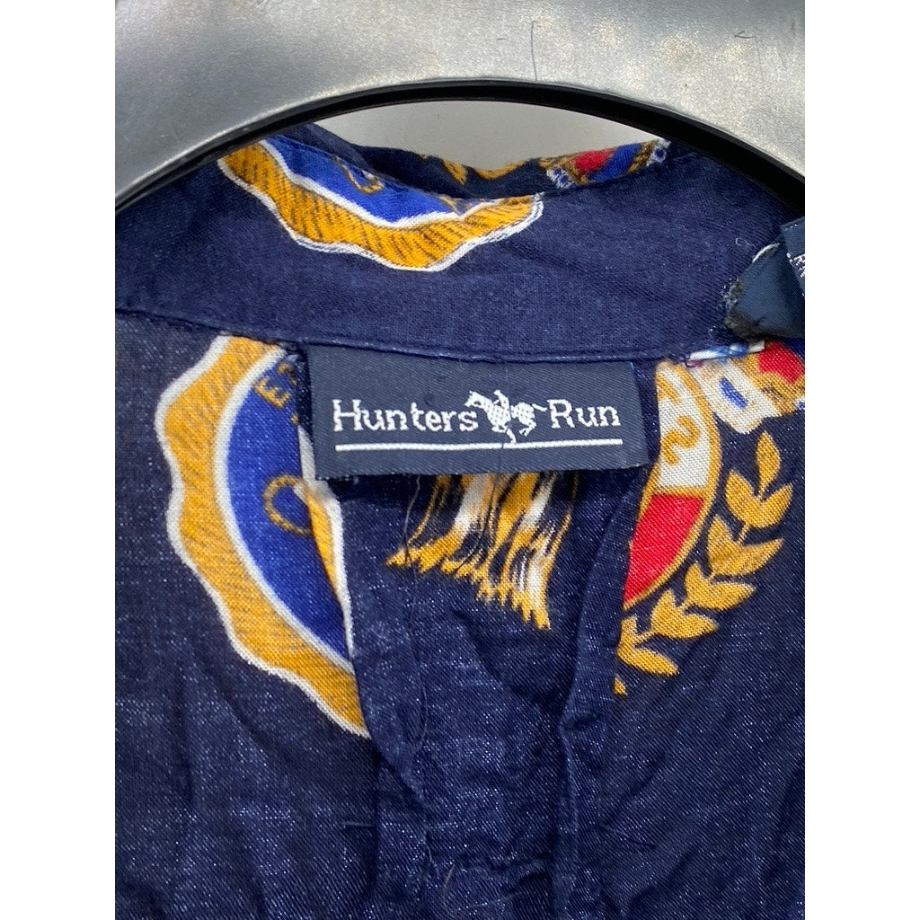 HUNTERS RUN Women's Vintage Navy Nautical Sailor Short Sleeve Button-Up Top SZ L