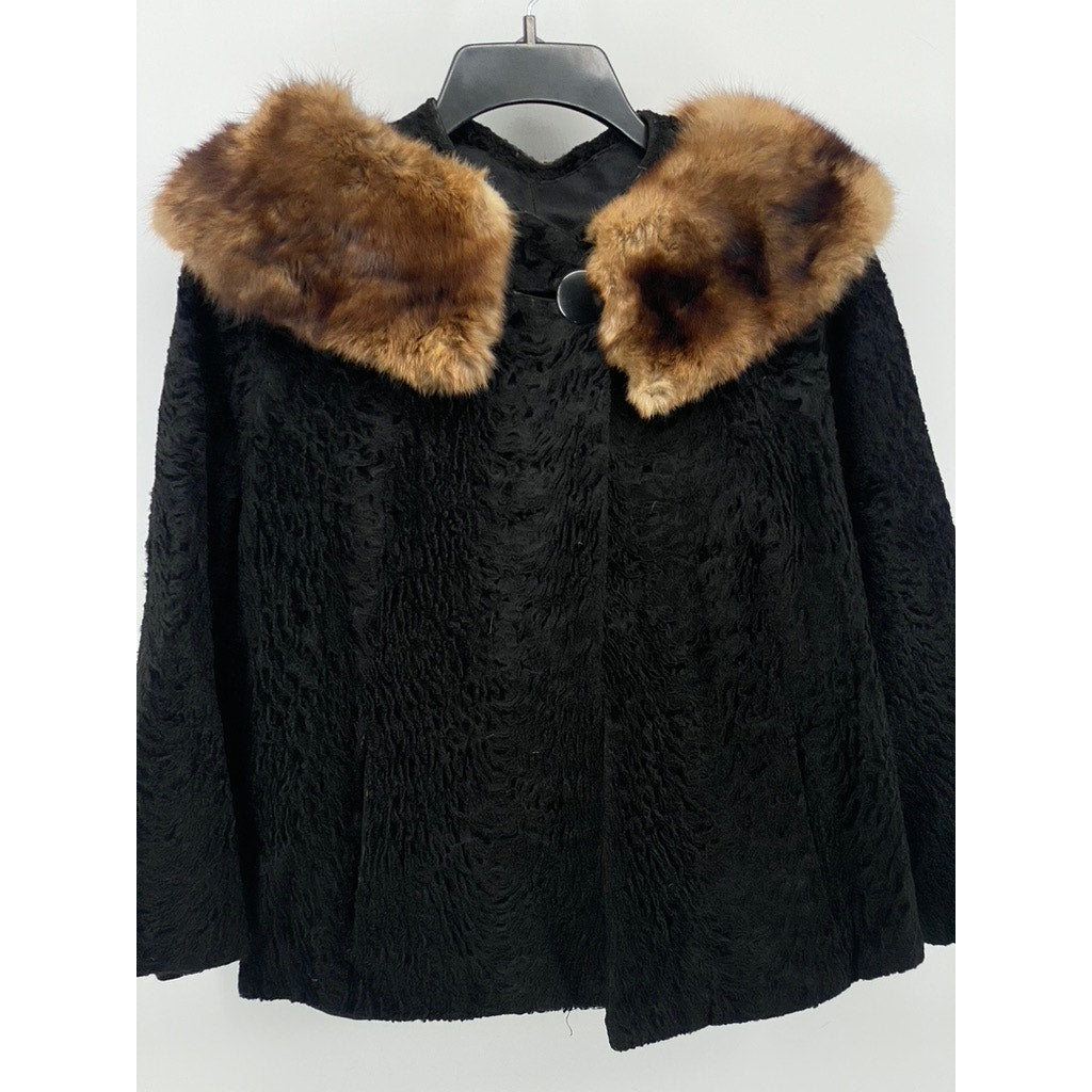 UNBRANDED Women's Black Textured Faux-Fur Collared Single Button Coat SZ M