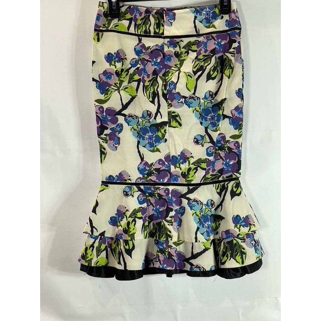 KAREN MILLEN Women's White/Purple Floral Ruffle-Hem Knee Length Skirt SZ 4