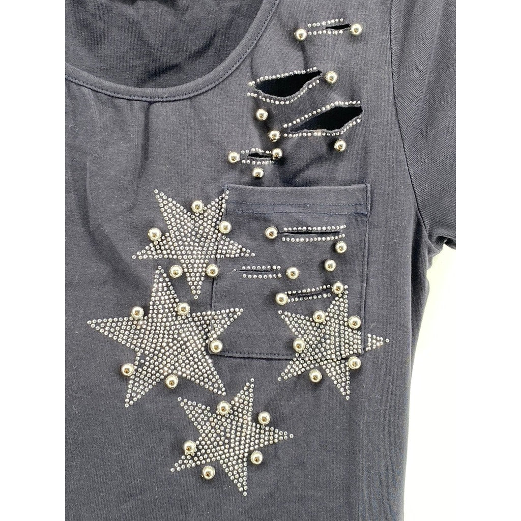 JULIA Women's Blue Star Studded Distressed Short Sleeve Crewneck Mini Dress SZ S