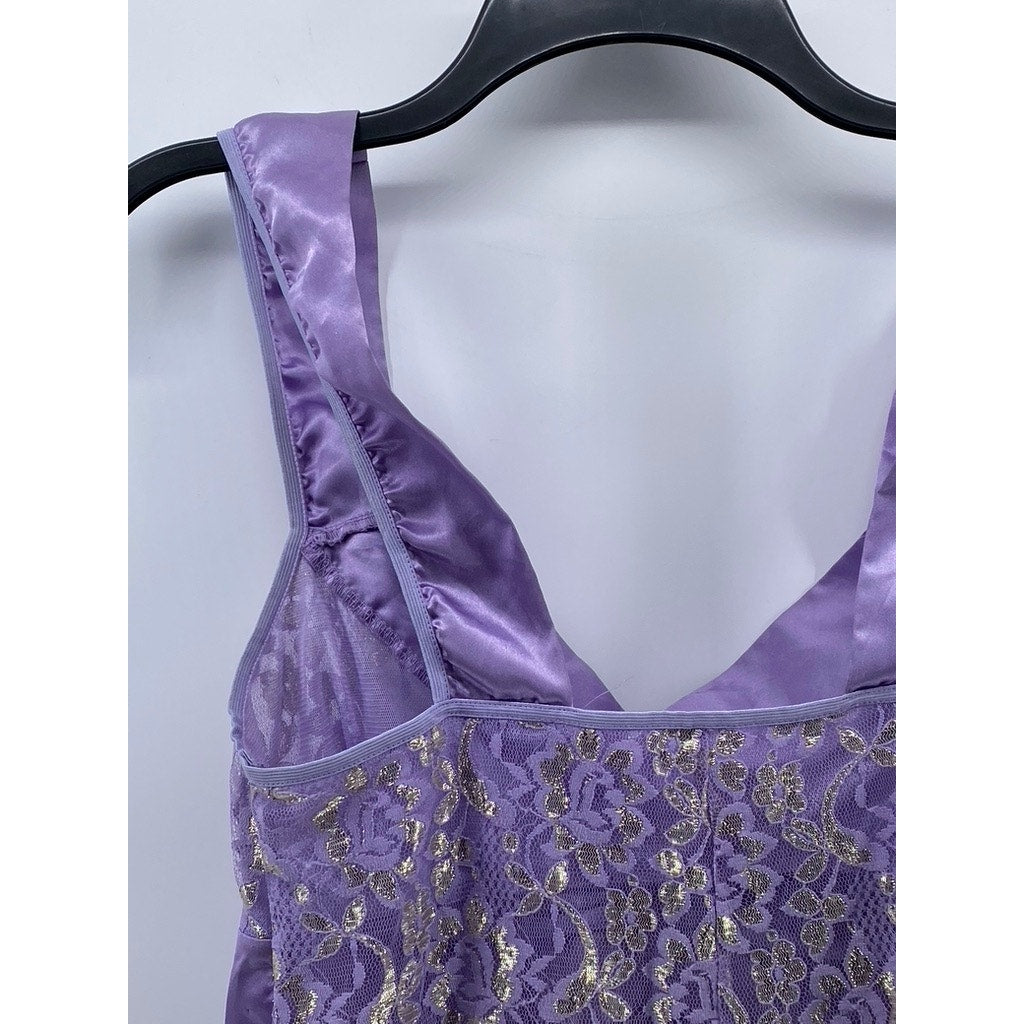 UNBRANDED Women's Purple-Gold Metallic Floral Lace V-Neck Night Gown SZ S