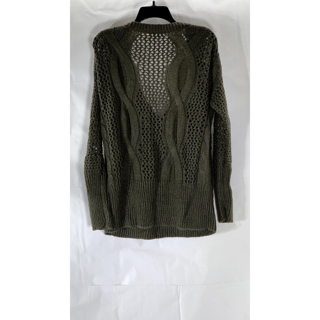 KIMCHI BLUE Women's Brown Crochet Knit V-Neck Long Sleeve Pullover Sweater SZ S