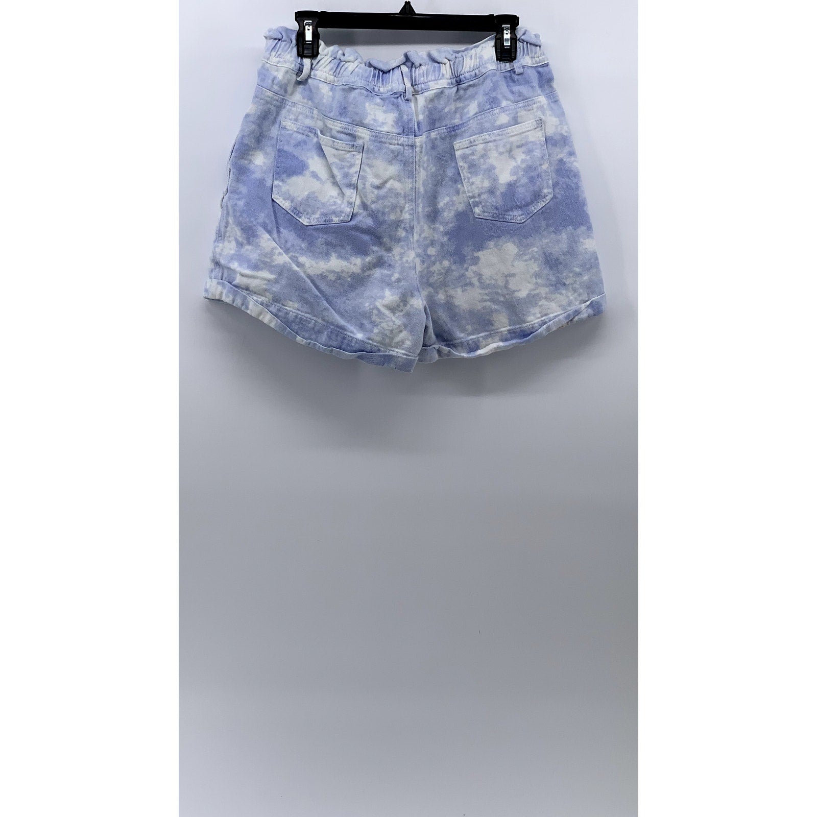 ELODIE Women's Blue-White Tie-Dye Cuffed High-Rise Paperbag Shorts SZ XL