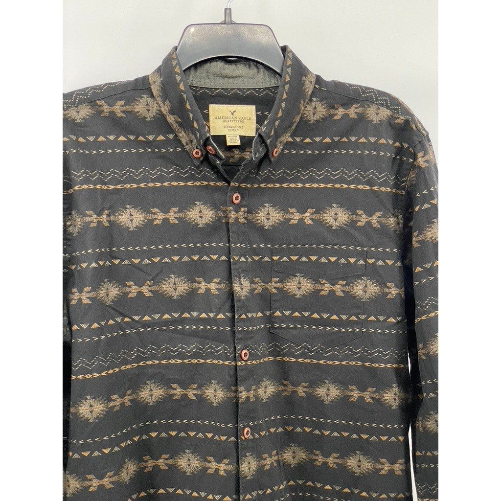 AMERICAN EAGLE Men's Black-Beige Printed Classic-Fit Button-Up Shirt SZ M