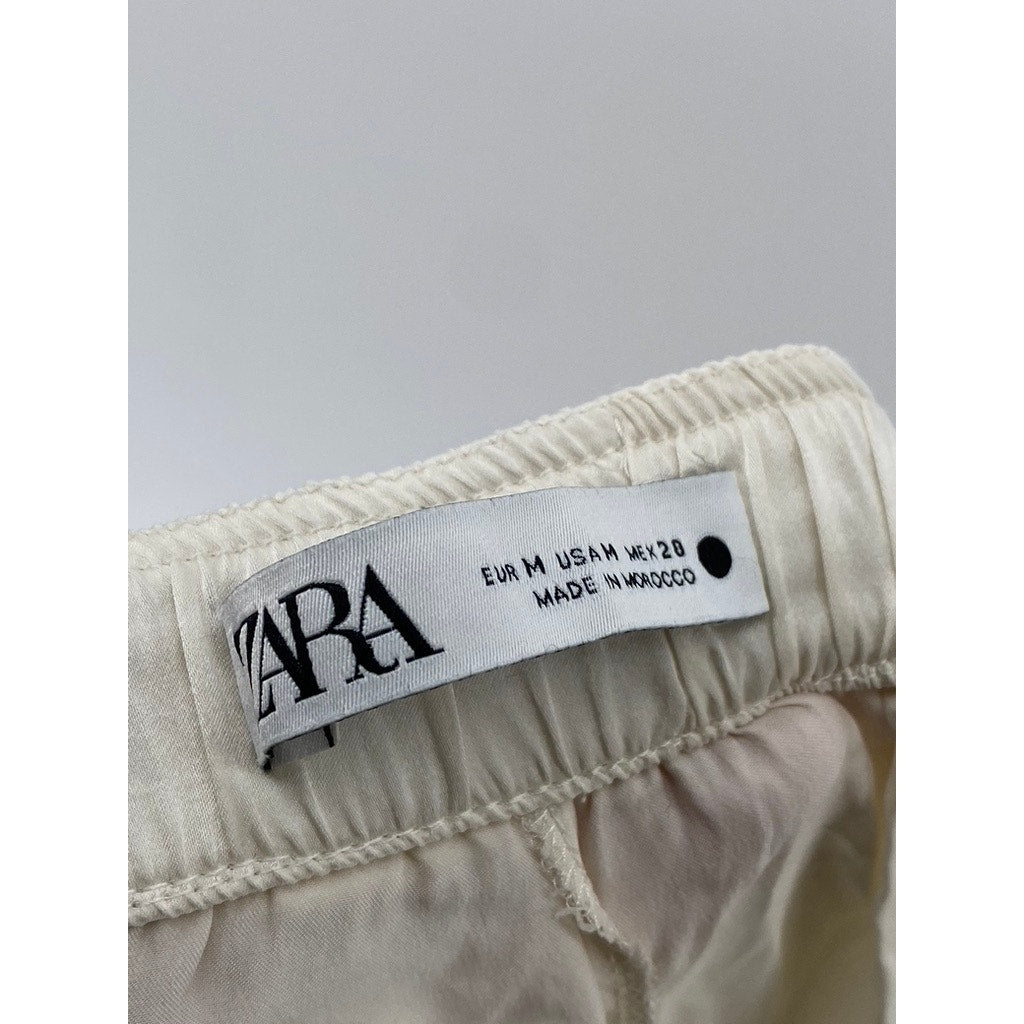 ZARA Women's Off-White Silk Drawstring Relaxed Fit Pull-On Pajama Pants SZ M