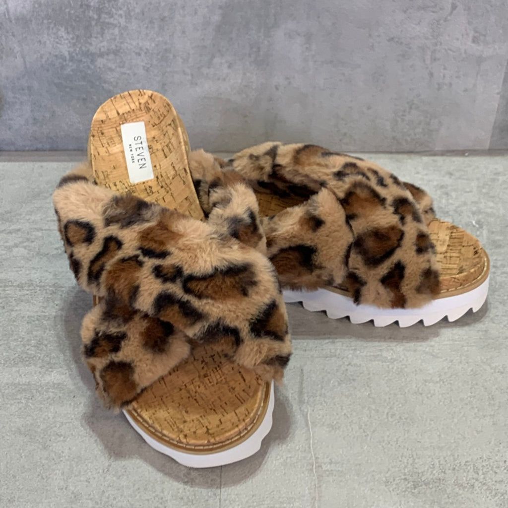 STEVEN NEW YORK Cado Faux Fur Leopard Print Slide Sandal SZ 9