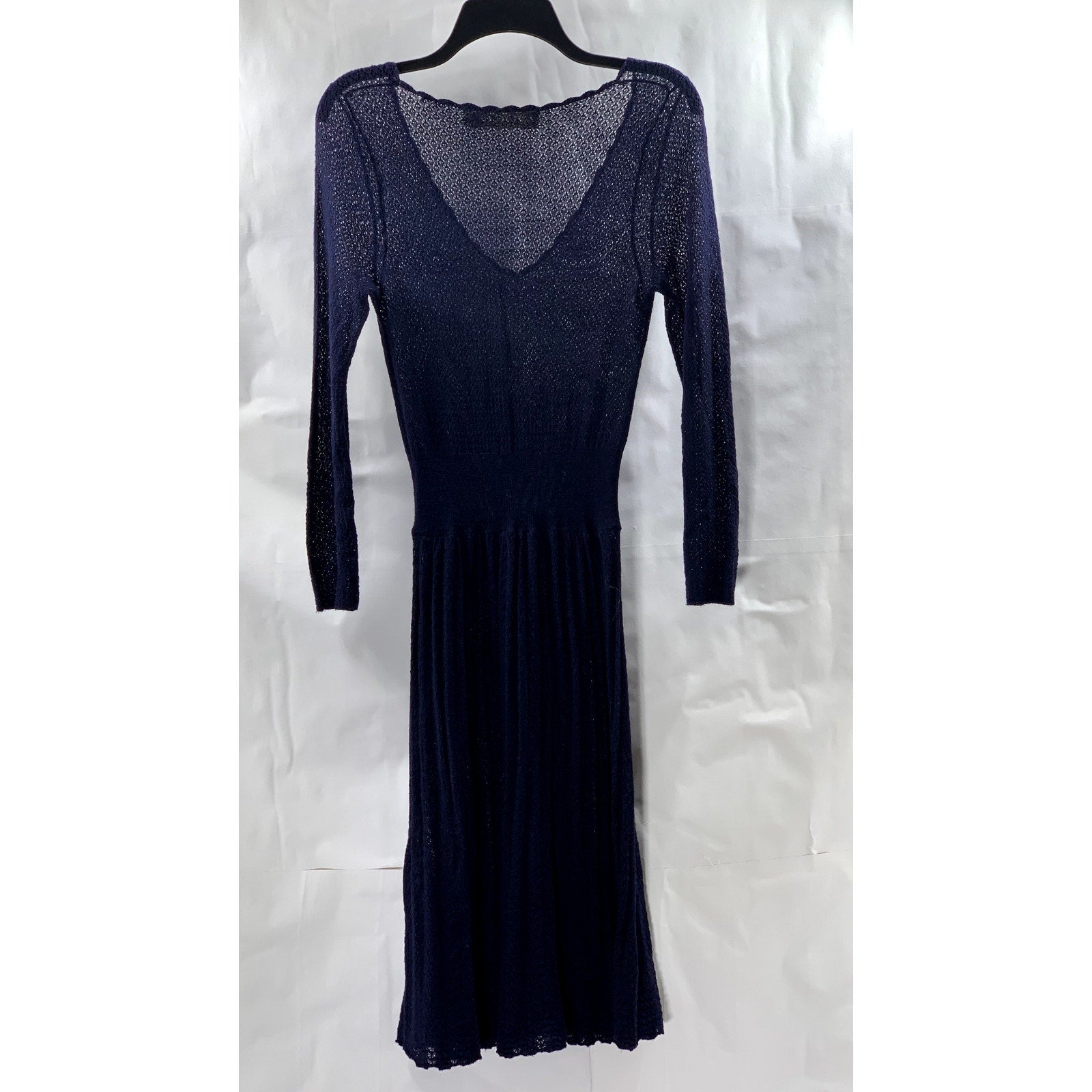 SPARROW Women's Navy Wool-Blend Crochet Knit V-Neck Long Sleeve Midi Dress SZ S