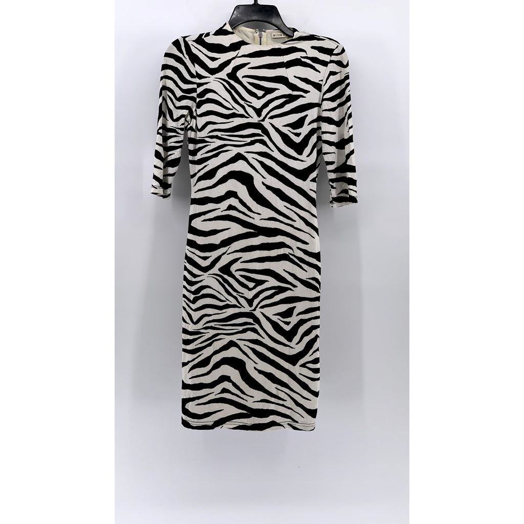 ALICE + OLIVIA Women's Off-White/Black Y2K Zebra Print Crewneck Dress SZ 2