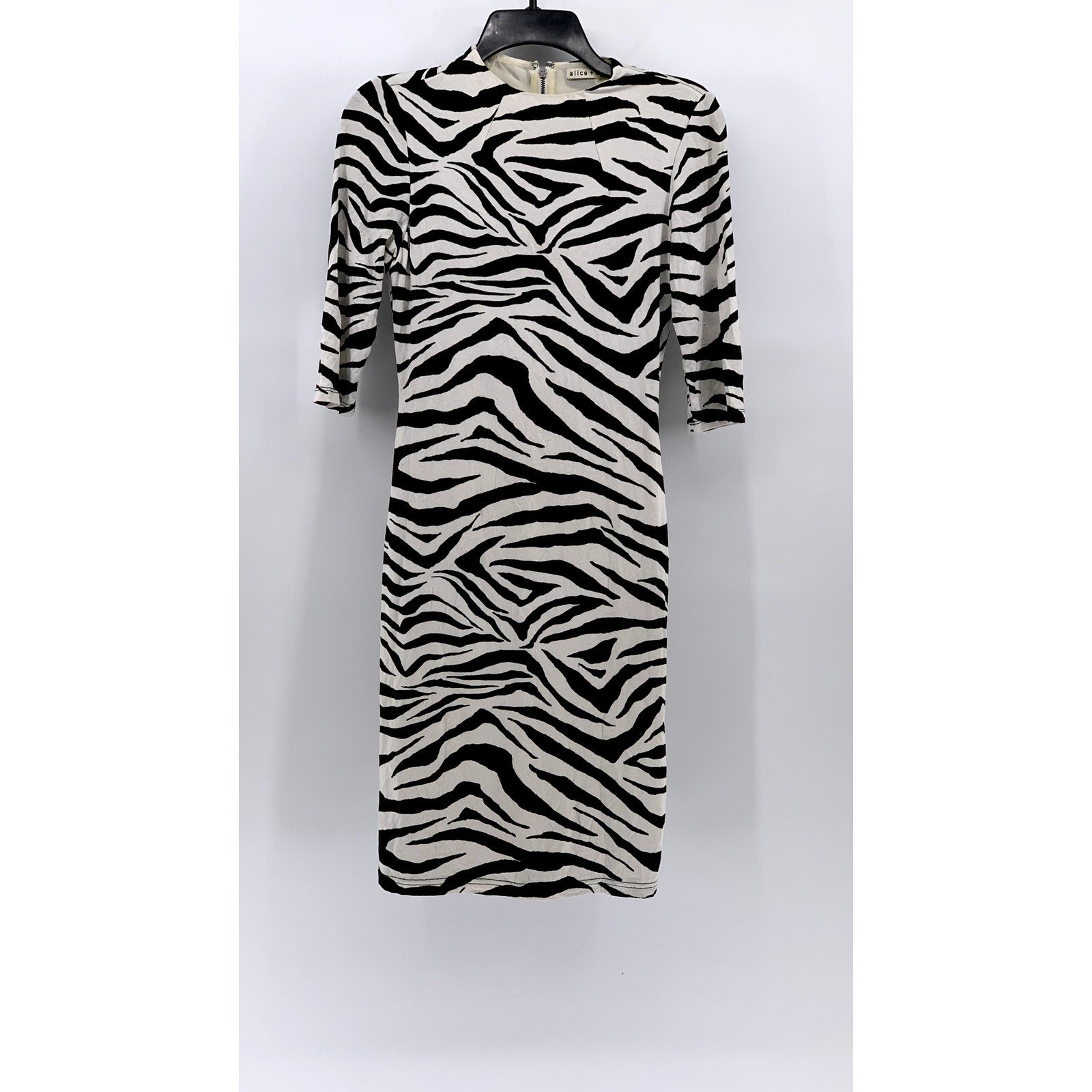 ALICE + OLIVIA Women's Off-White/Black Y2K Zebra Print Crewneck Dress SZ 2